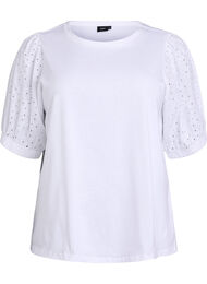 T-shirt med broderi anglaise ærmer, Hvid