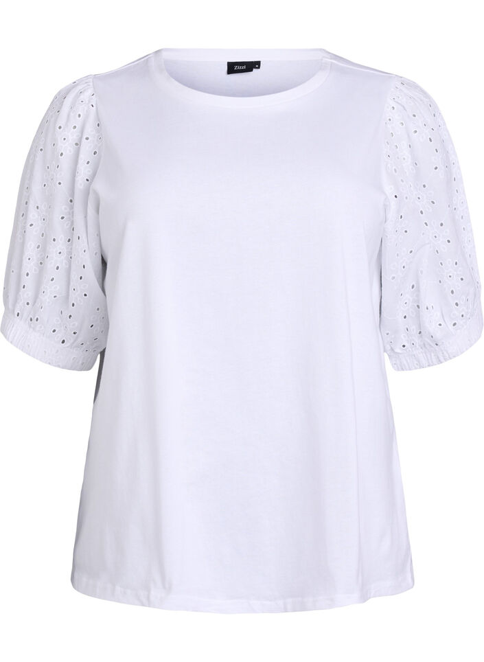 T-shirt med broderi anglaise ærmer, Hvid, Packshot image number 0
