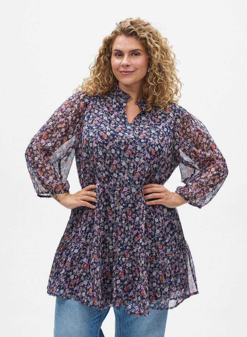 Tunika med blomsterprint og glittertr&aring;de, Bl&aring;, Model image number 0