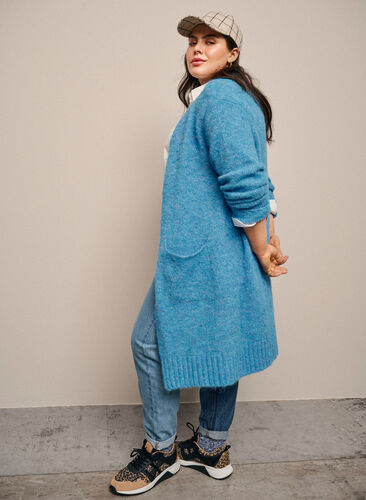 Lang strikcardigan med uld og lommer, French Blue, Image image number 0