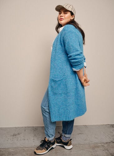 Lang strikcardigan med uld og lommer, French Blue, Image image number 0