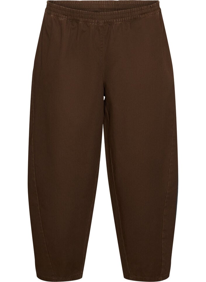 Barrel jeans med h&oslash;j talje og elastisk linning, Brun, Packshot image number 0
