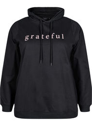 Sweatshirt med h&aelig;tte og print, Sort