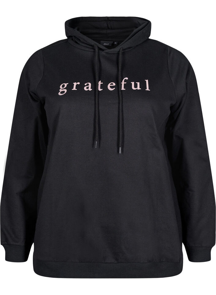 Sweatshirt med h&aelig;tte og print, Sort, Packshot image number 0