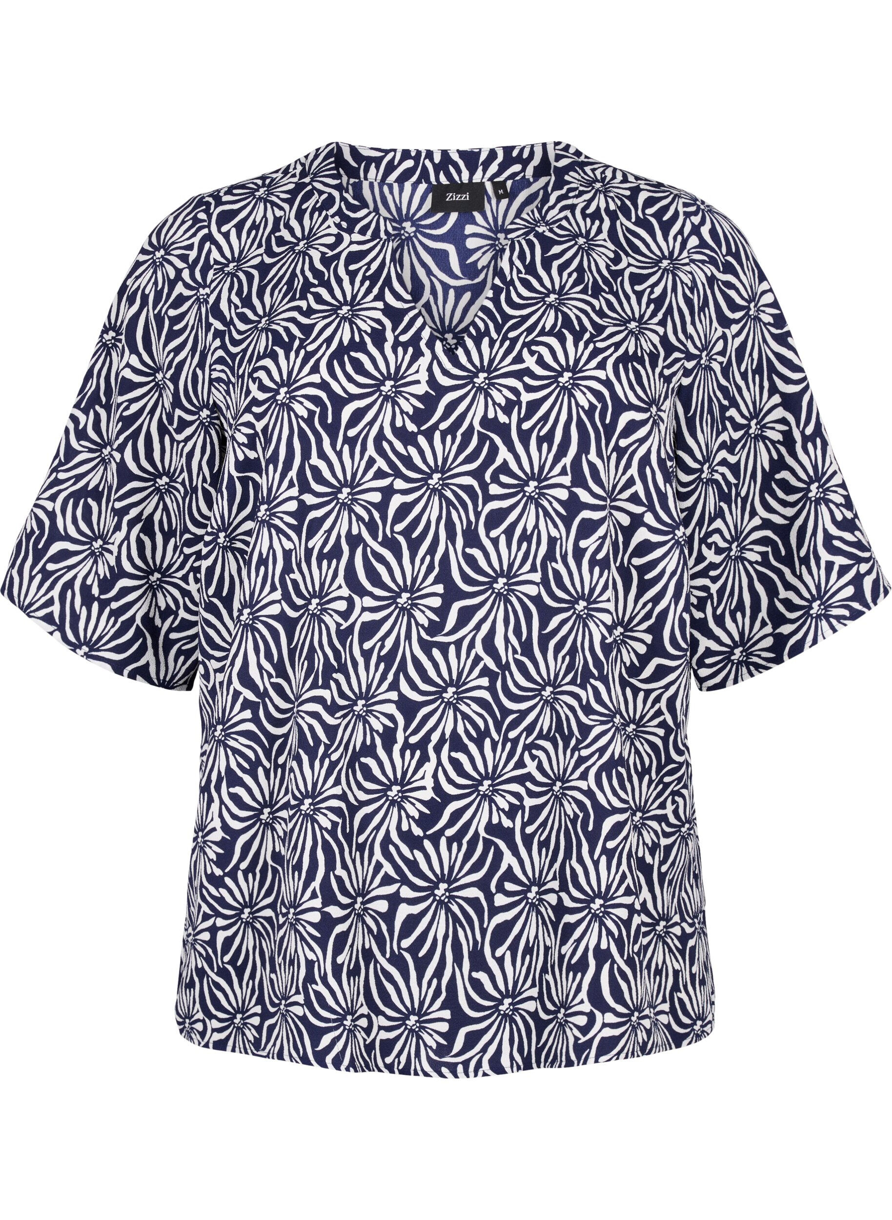 Zizzi V-hals bluse med blomsterprint, White Blue Flower, Packshot image number 0