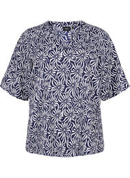 V-hals bluse med blomsterprint, White Blue Flower