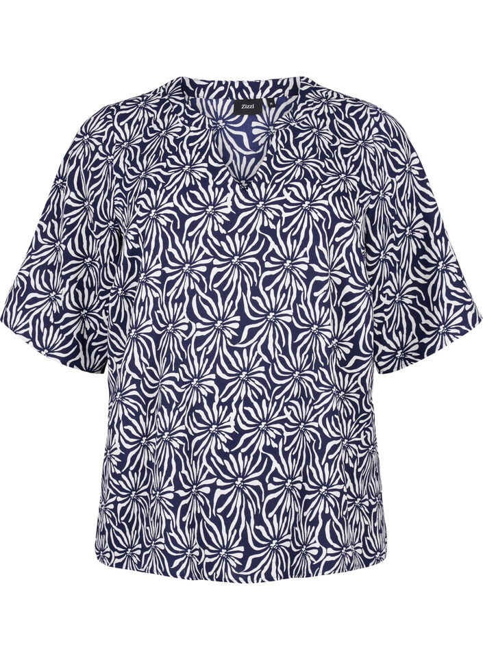 V-hals bluse med blomsterprint, White Blue Flower, Packshot image number 0