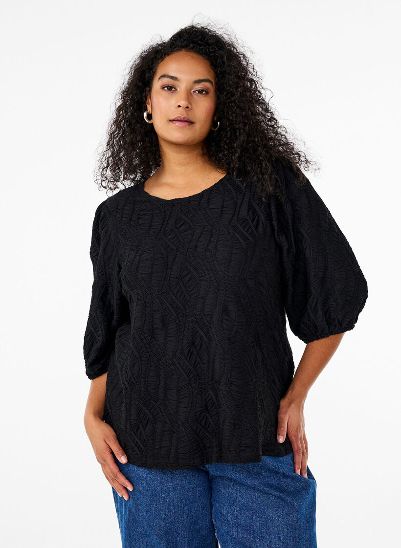 Bluse med tekstur og 3/4 &aelig;rmer, Sort, Model image number 0