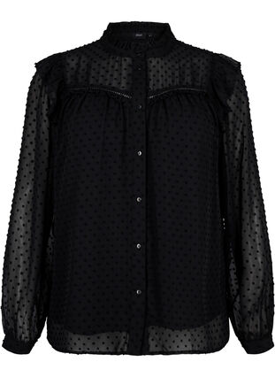 Skjortebluse med flæser og prikket tekstur, Black, Packshot image number 0