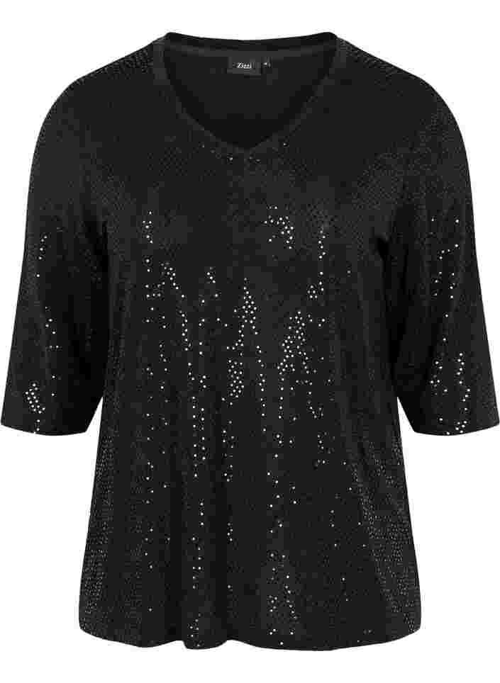 Bluse med glitterstruktur og v-hals, Black, Packshot image number 0
