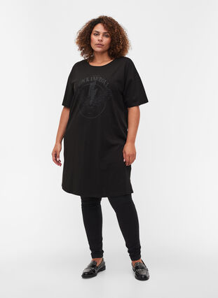 T-shirt kjole i bomuld med printdetaljer, Black w. Black, Model image number 2