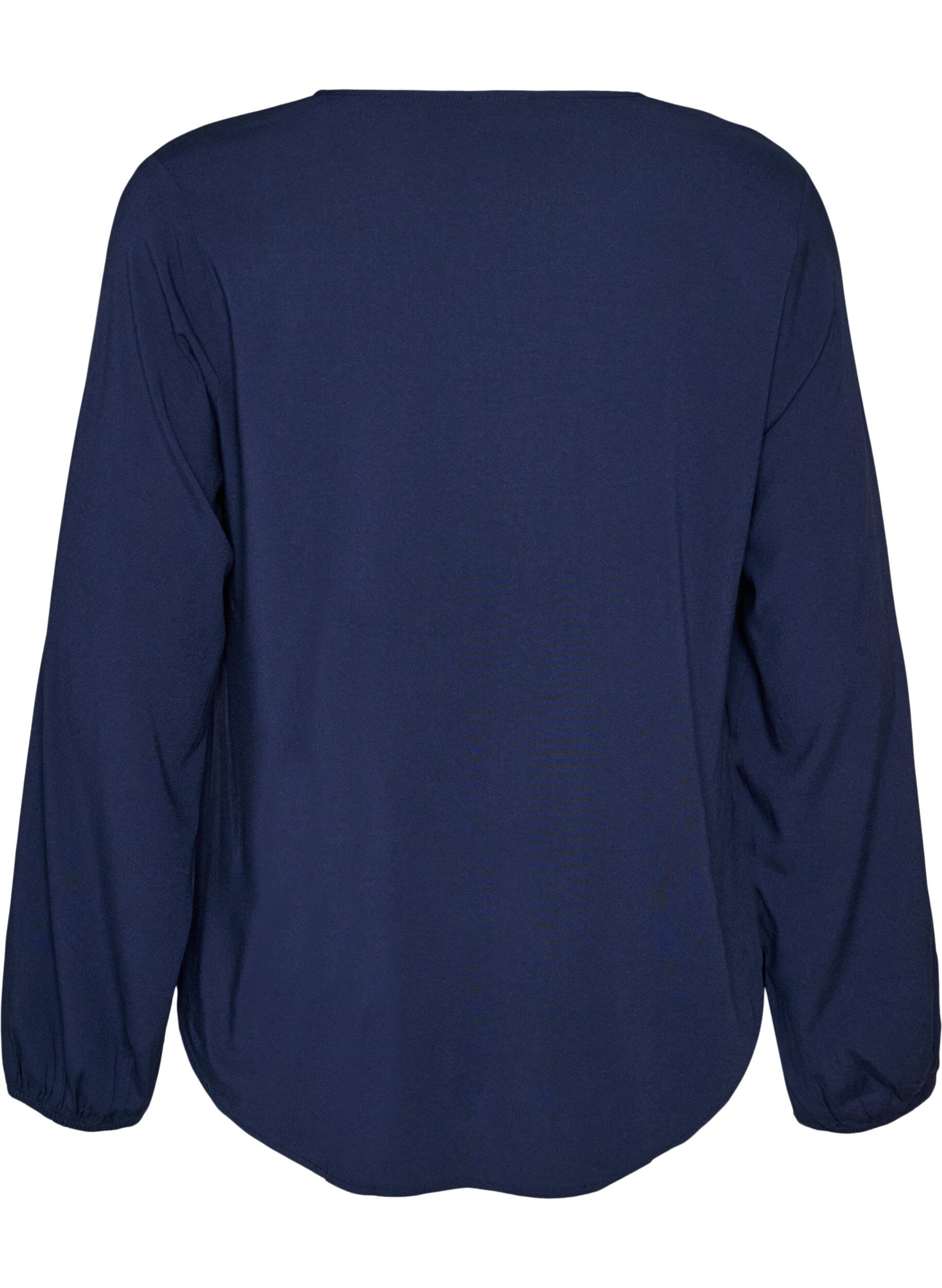 ZizziViskosebluse med V-hals og lange &aelig;rmer, Bl&aring;, Packshot image number 1