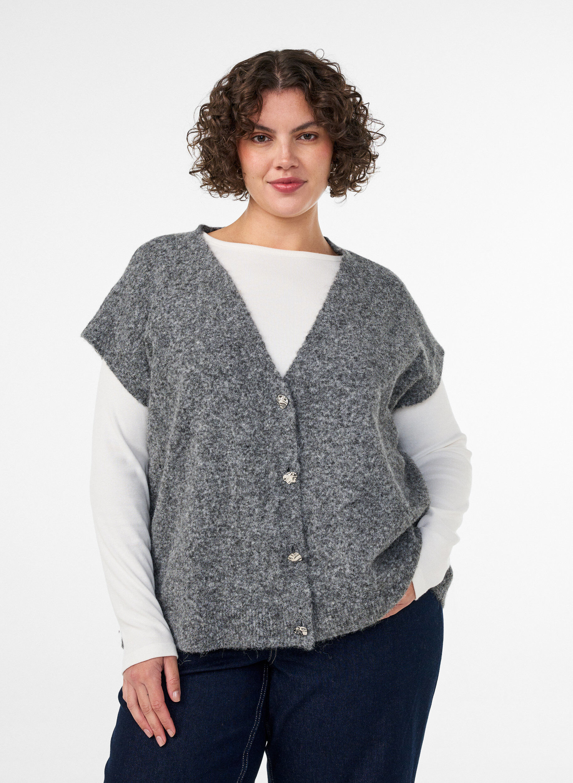 Strikvest med V-hals og dekorative knapper, Gr&aring;, Model