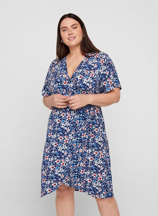 Wrap kjole i print med korte ærmer, Blue Flower AOP, Model image number 0