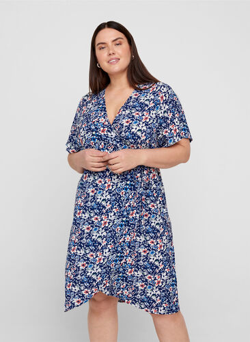 Wrap kjole i print med korte ærmer, Blue Flower AOP, Model image number 0