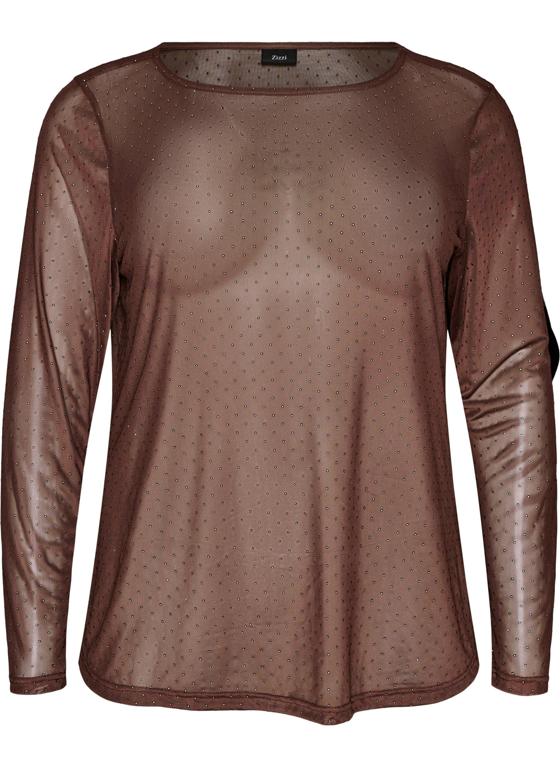 ZizziTransparent meshbluse med rhinsten, Brun, Packshot image number 0