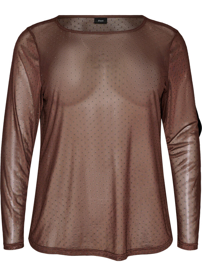 Transparent meshbluse med rhinsten, Brun, Packshot image number 0