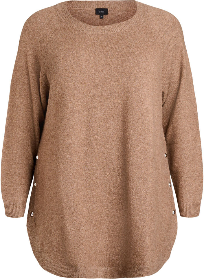 Lang strikbluse med kugleknapper, Brun, Packshot image number 0
