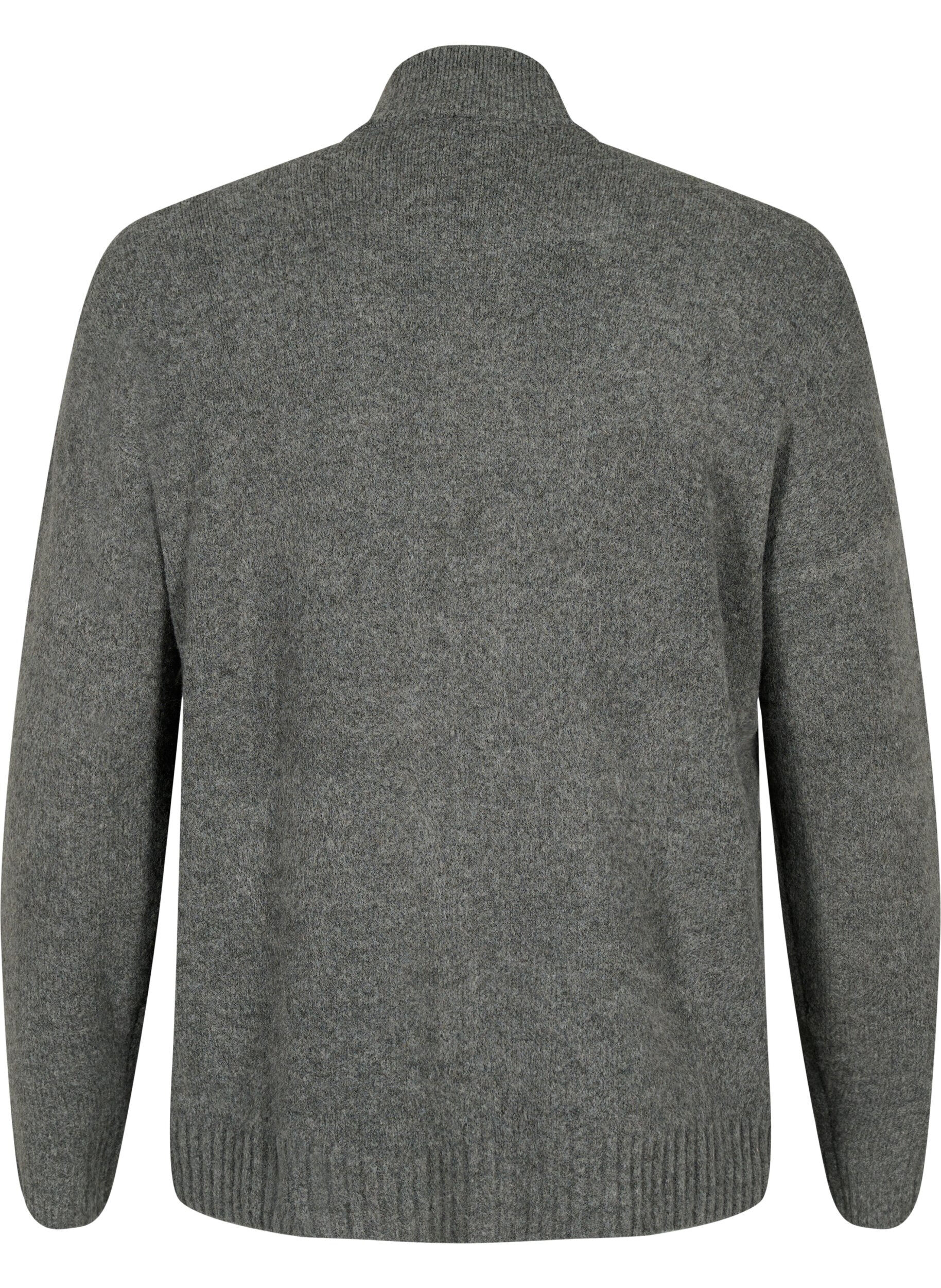 Zizzi Strikket cardigan med lynl&aring;s og lommer, Dark Grey Melange, Packshot image number 1