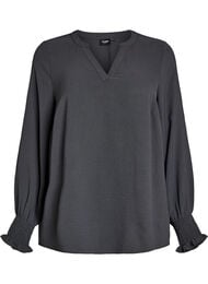 Bluse med smock manchetter og V-udsk&aelig;ring, Gr&aring;