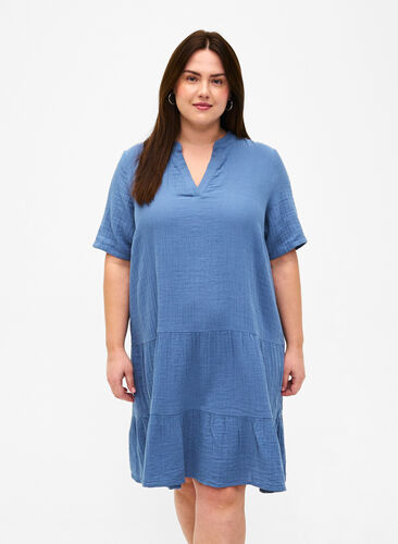 Kortærmet kjole i 100% bomuld, Moonlight Blue, Model image number 0