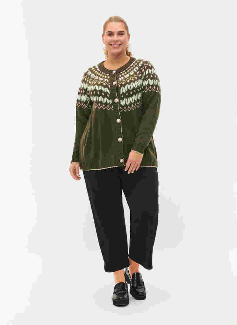 Mønstret strik cardigan med uld, Forest Night Comb, Model image number 2