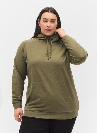 Sweatshirt med hætte og lynlås, Ivy Green Melange, Model image number 0