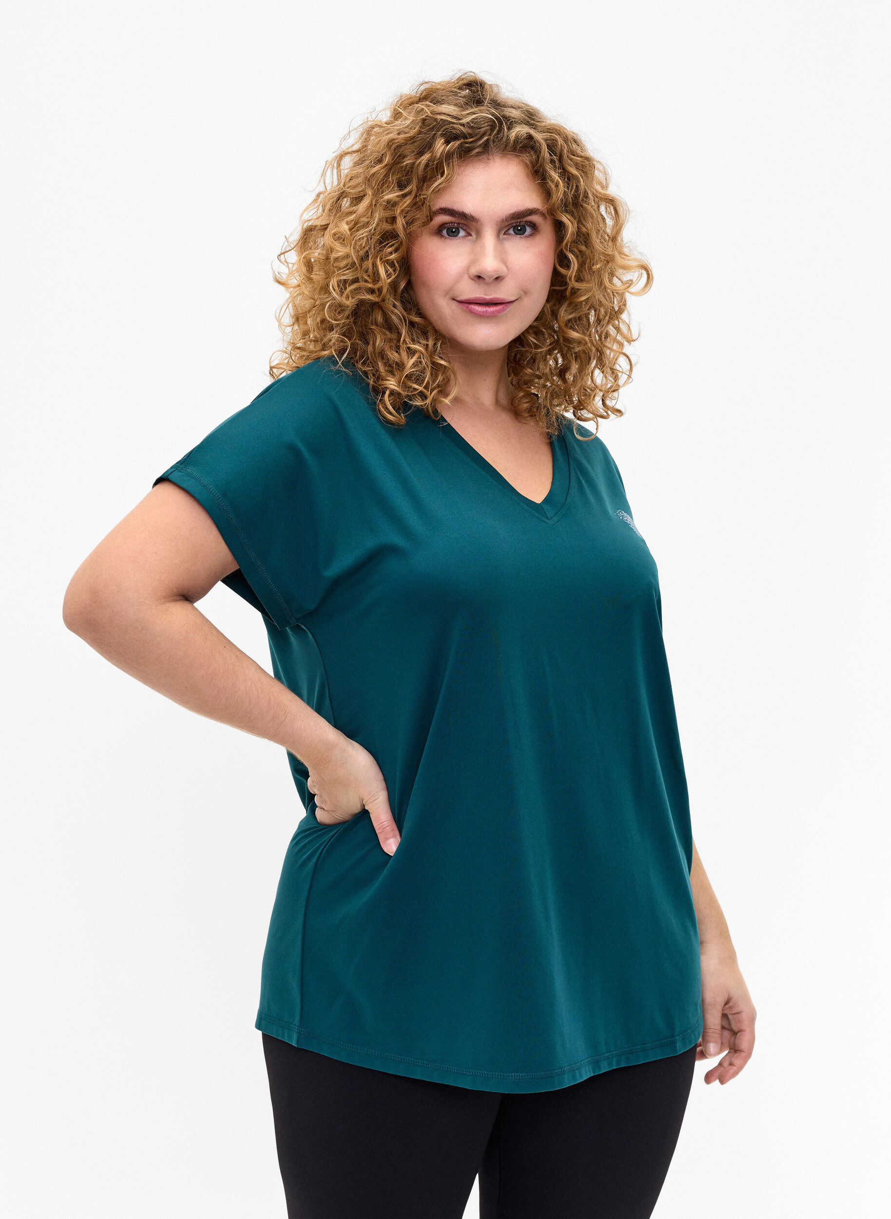 Zizzi L&oslash;s tr&aelig;nings t-shirt med v-hals, Deep Teal, Model image number 0