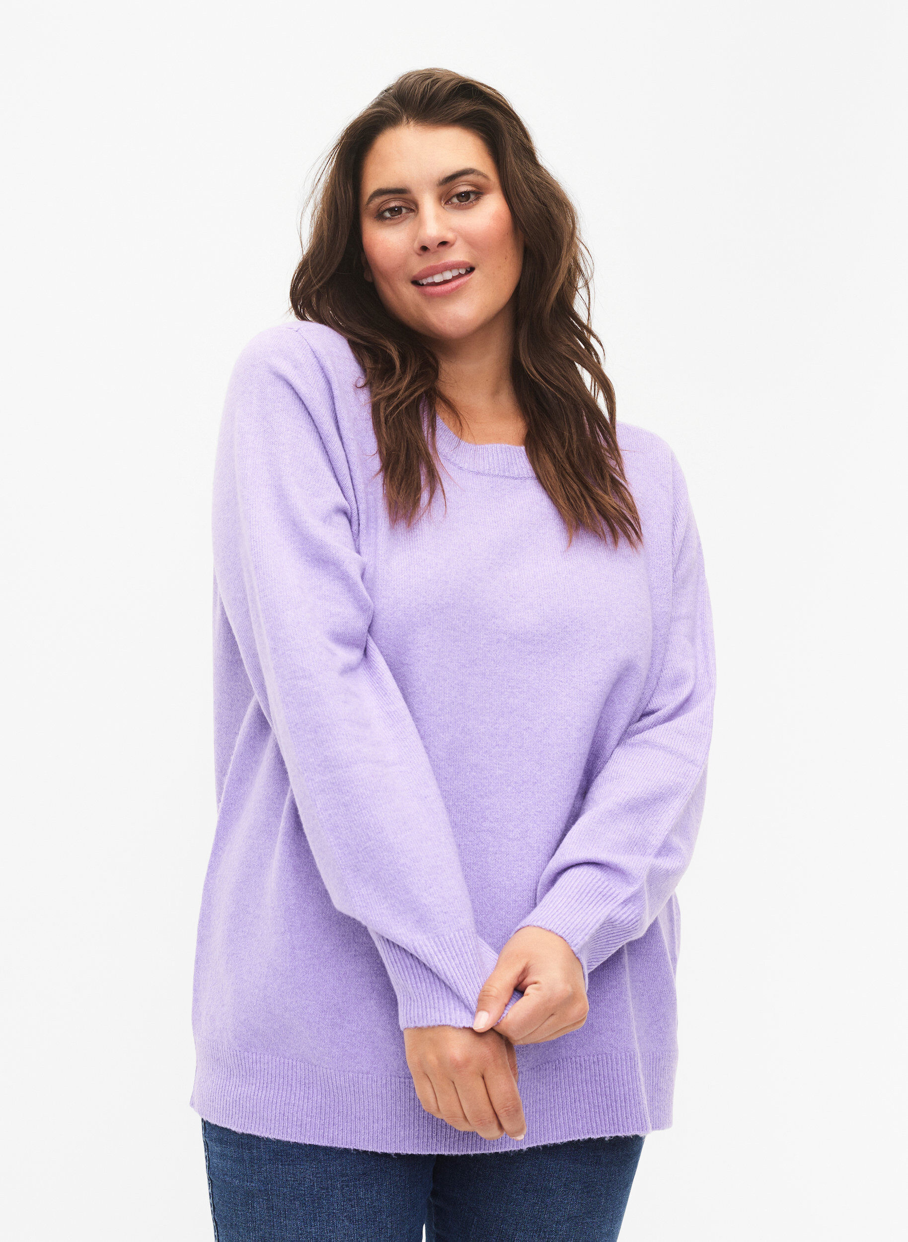 Zizzi Lang&aelig;rmet strikbluse med rund hals, Bougainvillea Mel., Model image number 0