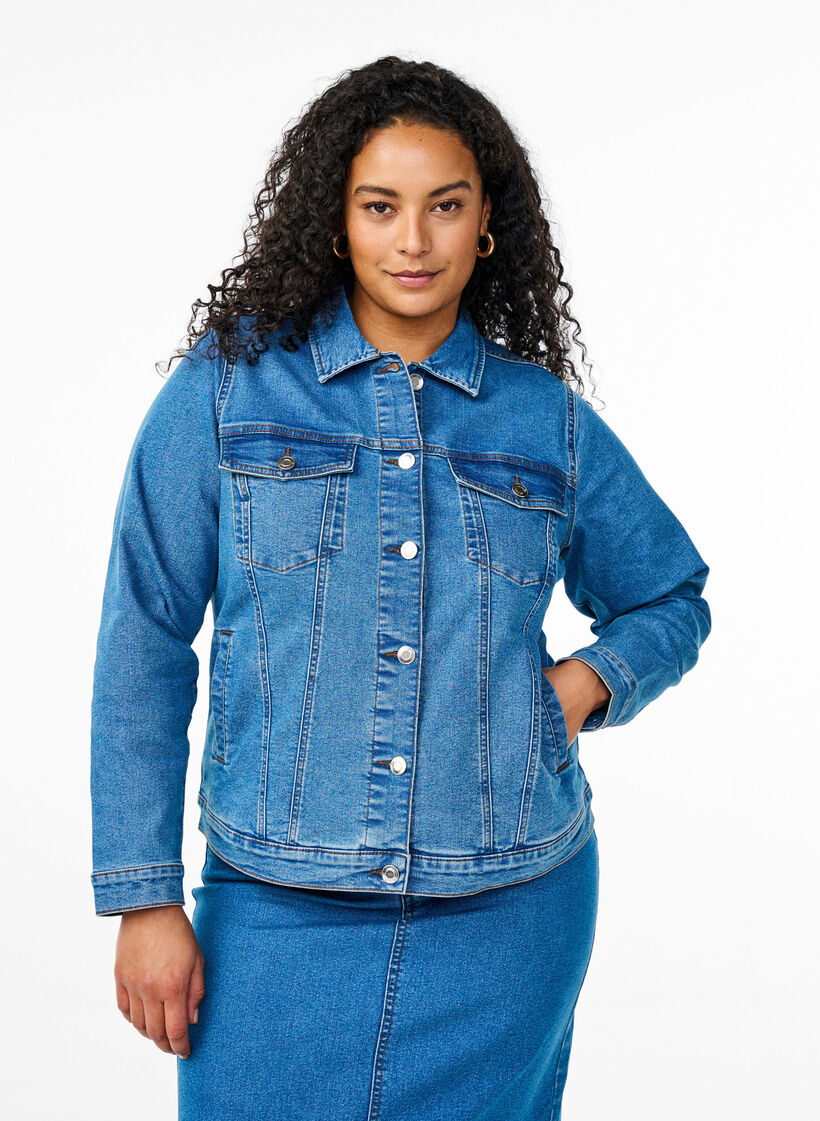 Denimjakke i stretchy bomuldsmix, Bl&aring;, Model image number 0
