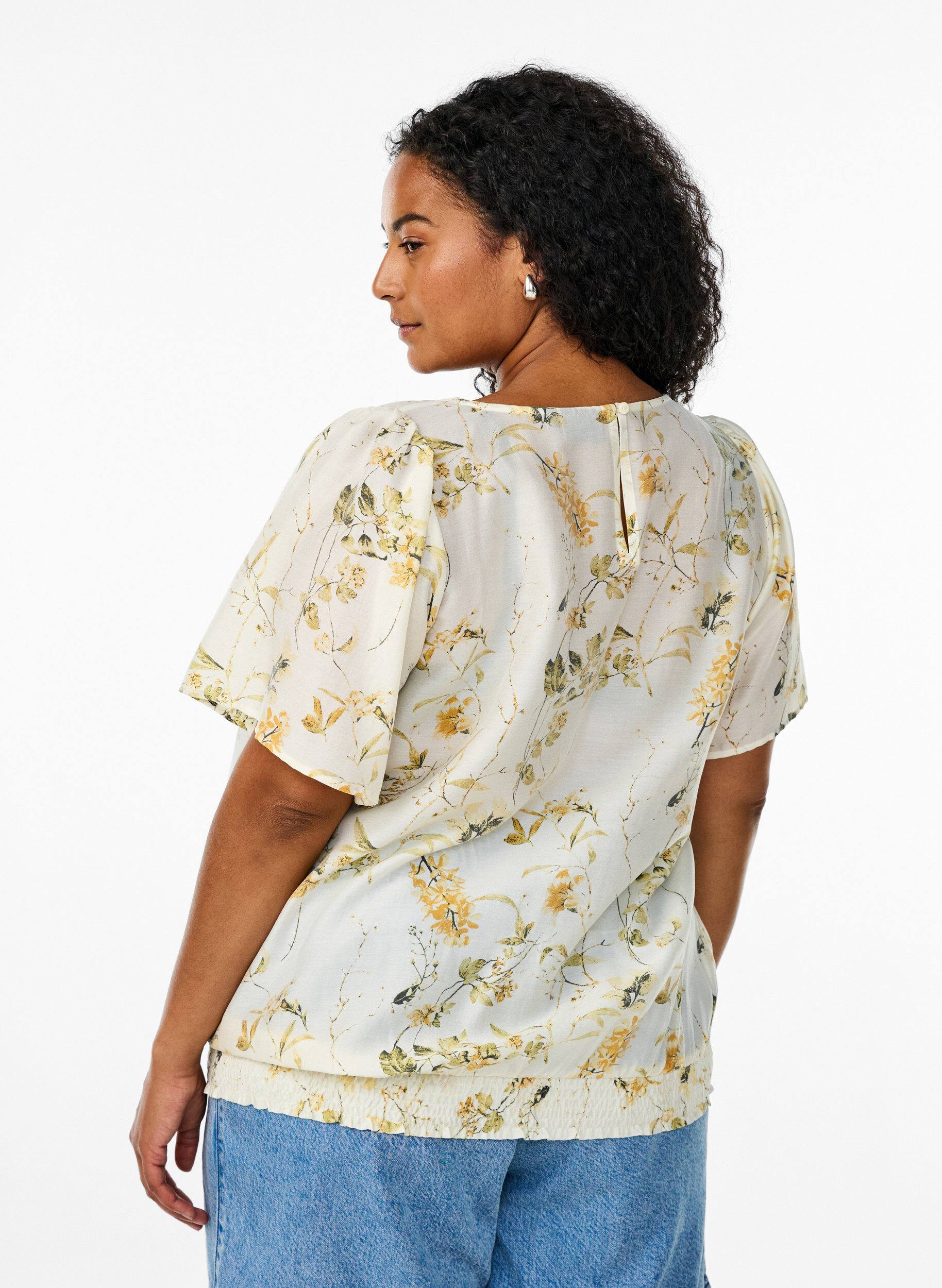 Zizzi Bluse med blomsterprint og firkantet hals, Gul, Model image number 2