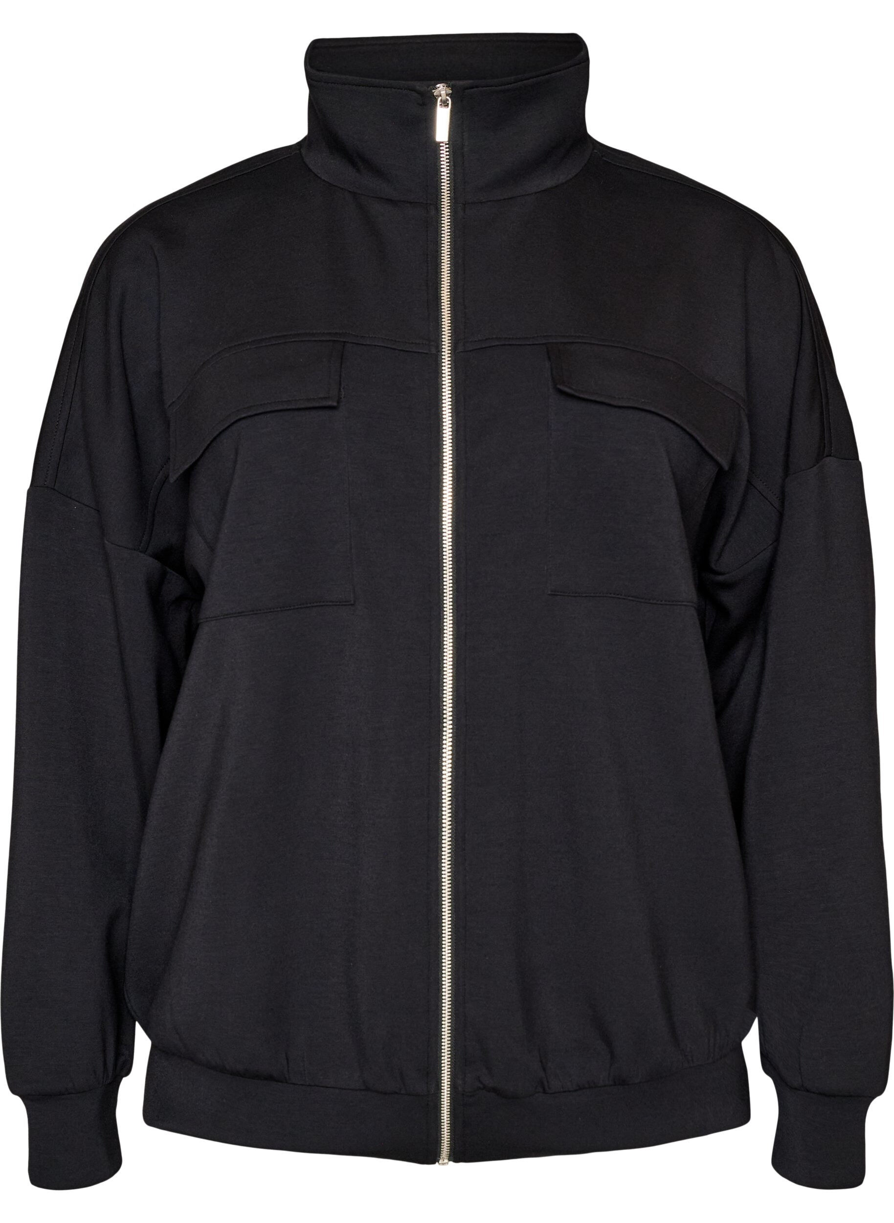 ZizziJersey cardigan med lynl&aring;s og h&oslash;j krave, Sort, Packshot image number 0
