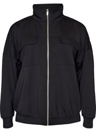 Jersey cardigan med lynl&aring;s og h&oslash;j krave, Sort