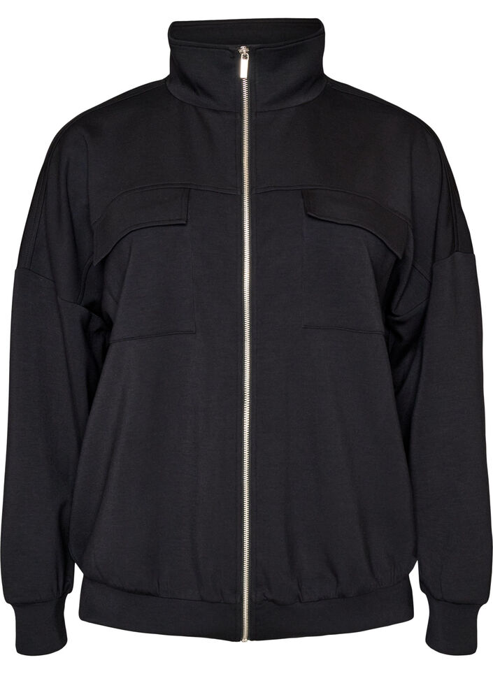 Jersey cardigan med lynl&aring;s og h&oslash;j krave, Sort, Packshot image number 0