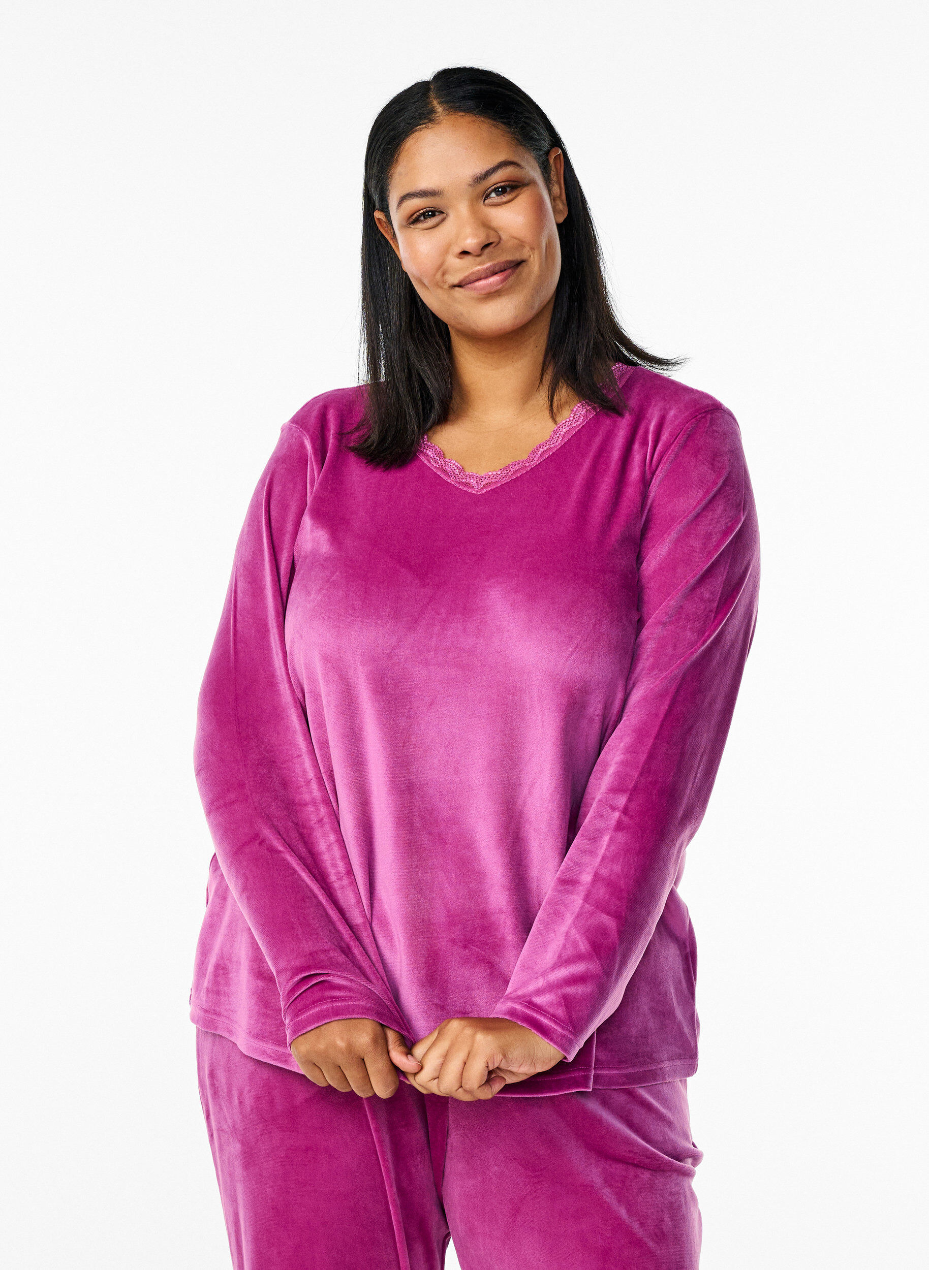 Zizzi Velour bluse med v-udsk&aelig;ring, Boysenberry, Model image number 0