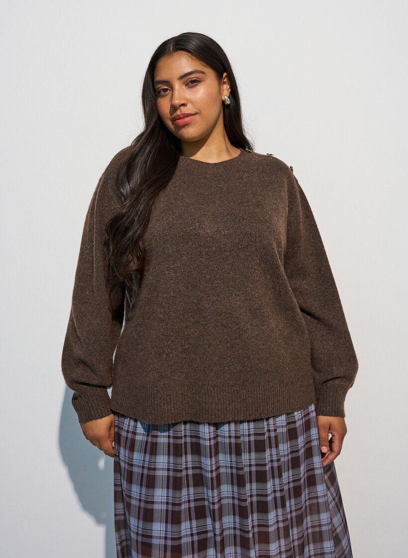 Strikbluse med knapdetalje, Brun, Model image number 0