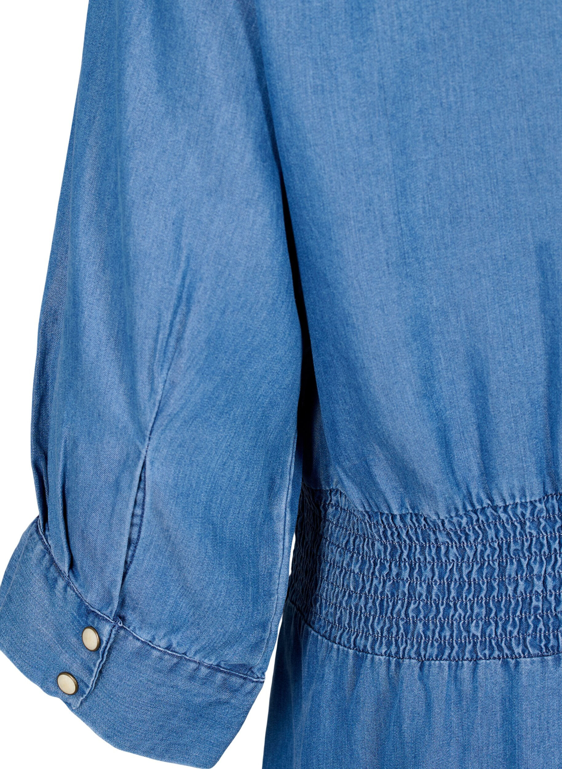 Zizzi Bl&oslash;d denimkjole med 3/4 &aelig;rmer og smock, Blue denim, Packshot image number 3