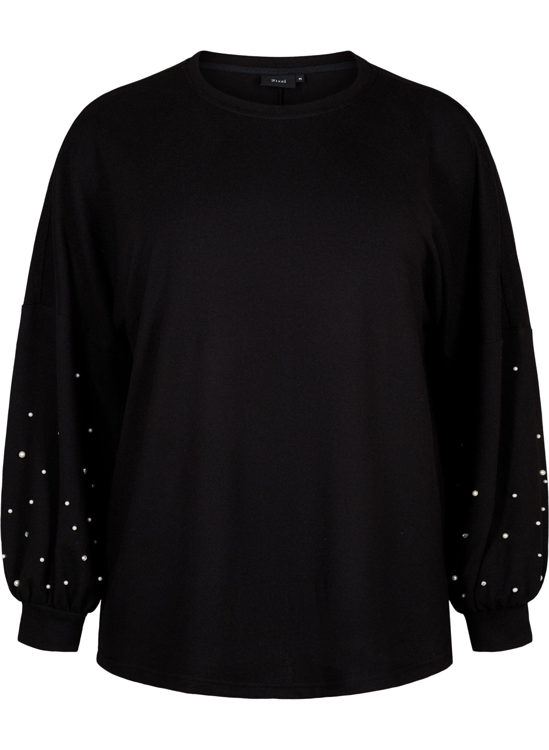 Zizzi Ensfarvet bluse med perler , Black, Packshot image number 0