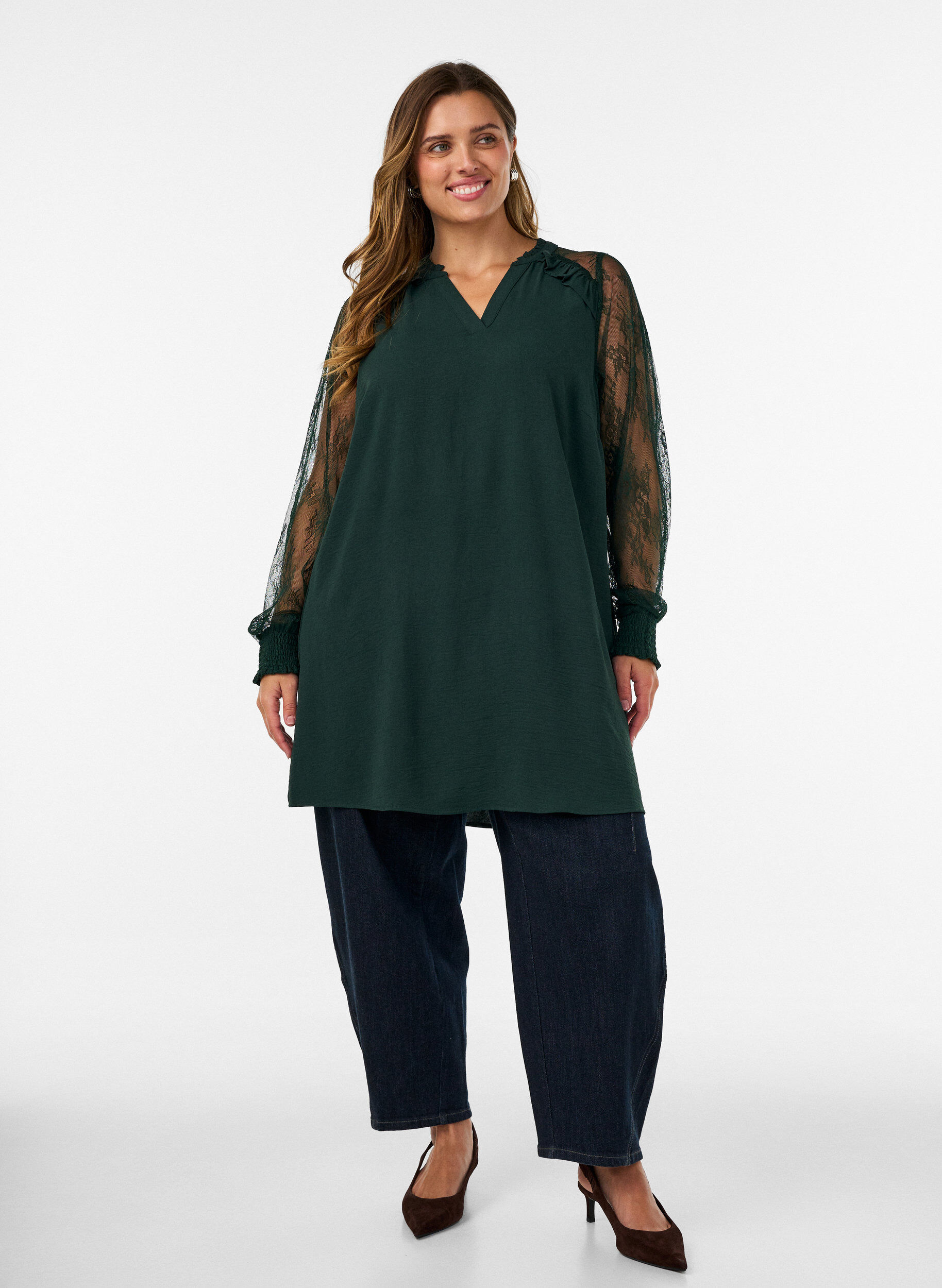 ZizziTunika med transparente blonde&aelig;rmer, Gr&oslash;n, Model image number 1