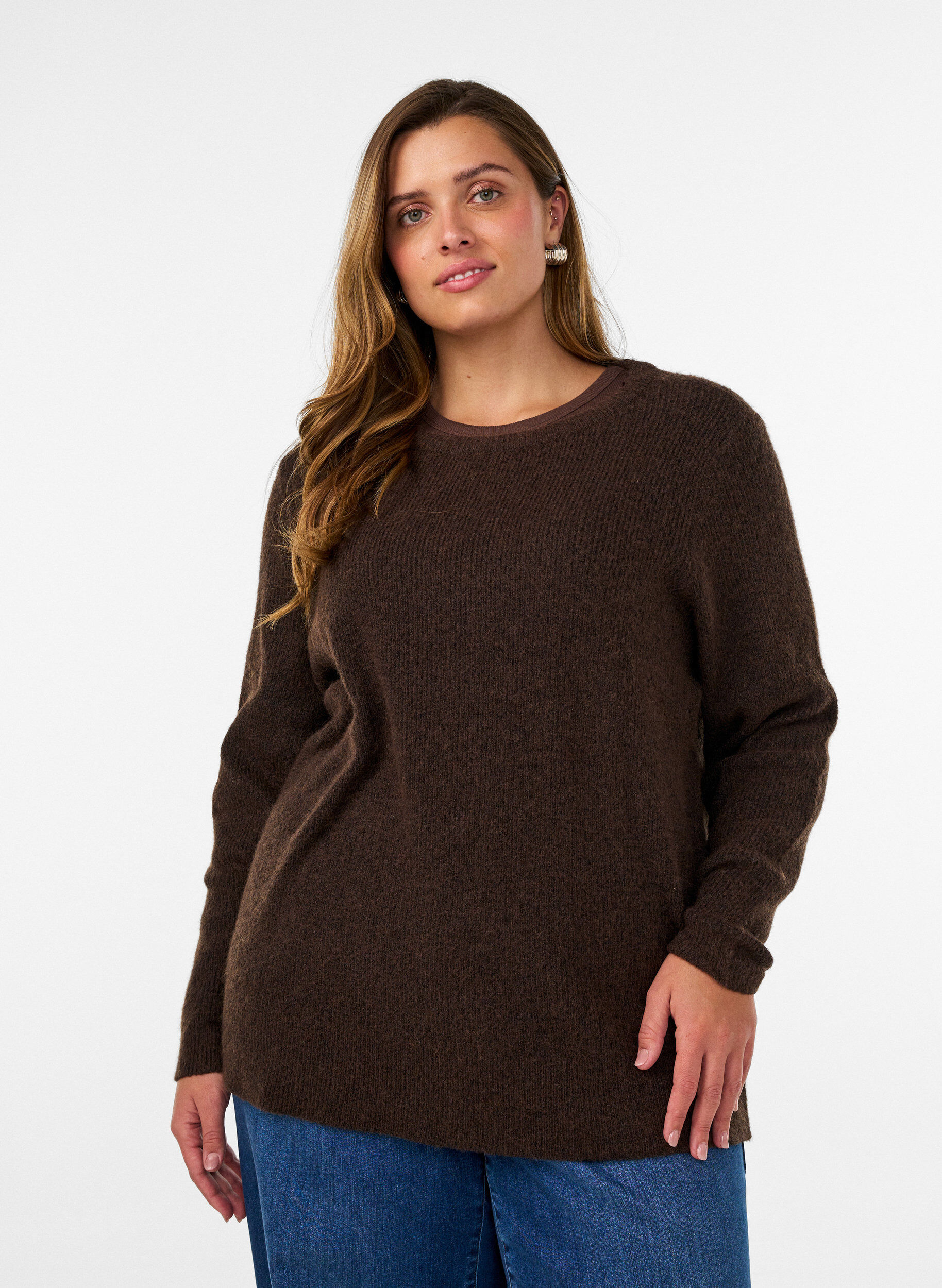 ZizziMeleret strikbluse med rund hals, Brun, Model image number 0