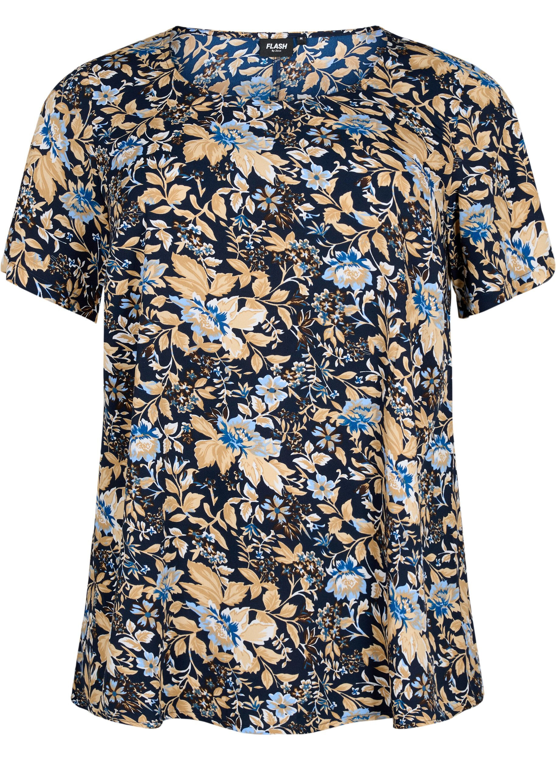 Zizzi FLASH - Bluse med korte &aelig;rmer og print, Brown Blue Flower, Packshot image number 0