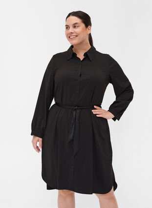 Skjortekjole med bindebånd og knapper, Black, Model image number 0