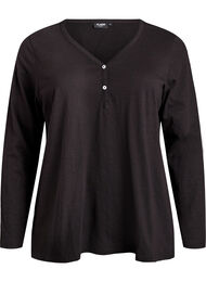 Lang&aelig;rmet t-shirt med V-hals og knapper, Sort