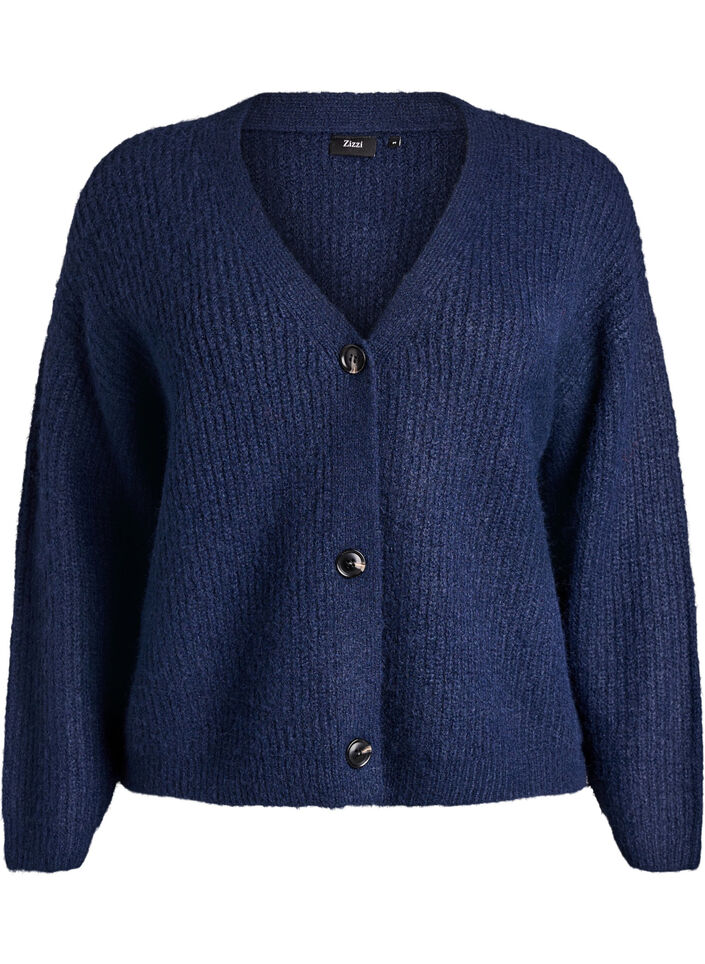 Cardigan i strik med v-hals, Blå, Packshot image number 0