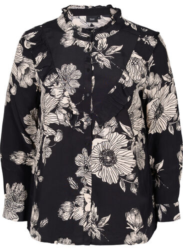 Blomstret viskoseskjorte med flæser, Black White AOP, Packshot image number 0