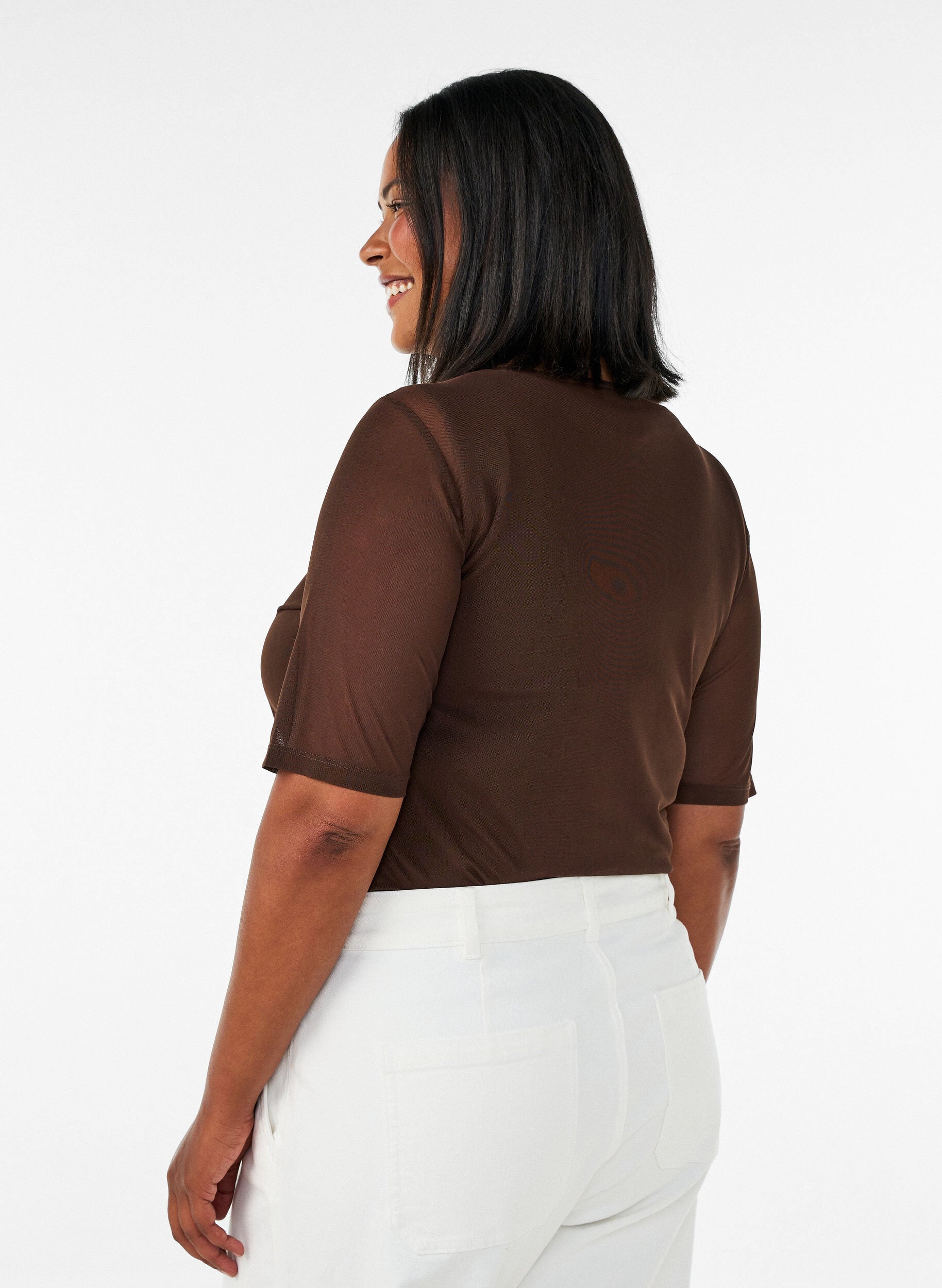 ZizziMeshbluse med korte &aelig;rmer og rund hals, Brun, Model image number 2