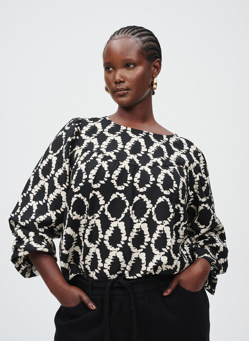 Langærmet bluse med print og sløjfer, Sort, Image image number 0