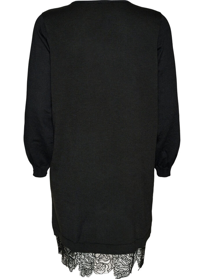 Kort strikkjole med blondekant , Sort, Packshot image number 1