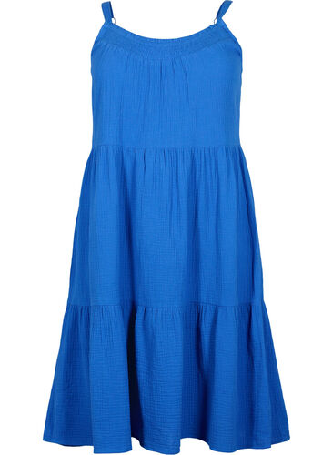 Ensfarvet stropkjole i bomuld, Victoria blue, Packshot image number 0