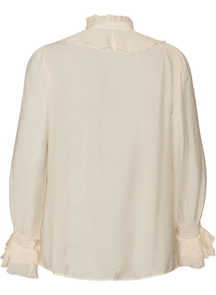 Bluse i viskose med fl&aelig;ser og lange &aelig;rmer, Vanilla, Packshot image number 1